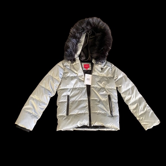 New With tag Guess Women's Gray Faux Fur Puffer Jacket Size 10 fits S/XS - Picture 1 of 12